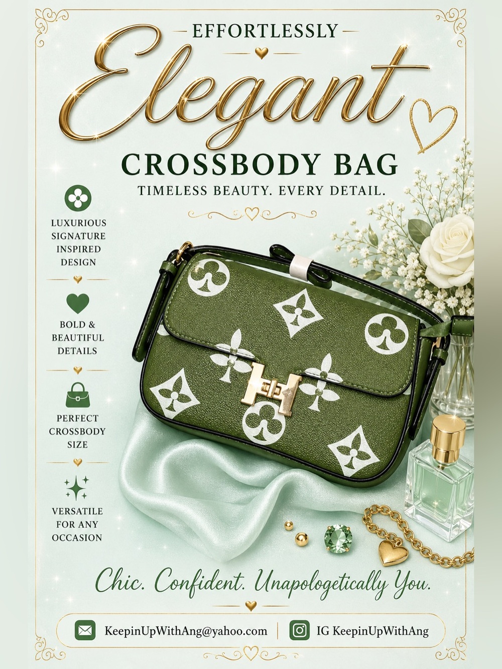 Elegant Green Fashion Crossbody Bag with Gold Embellishment